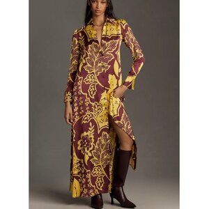 Corey Lynn Calter NWT Long-Sleeve Printed Shirt Dress Maxi Yellow Brown Medium